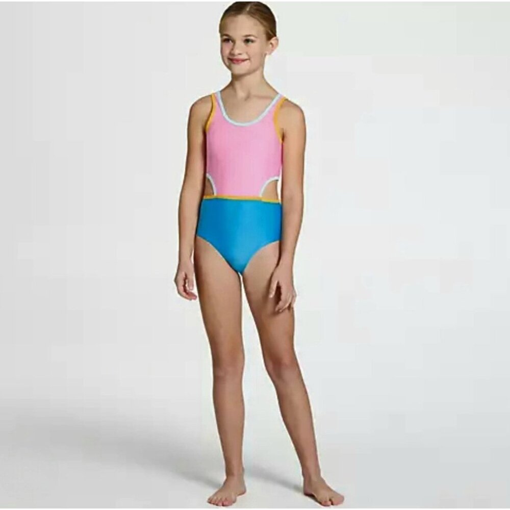 New DSG - S Girls One‎ Piece with Cut Outs Aqua Blue Pink Swimsuit UPF
